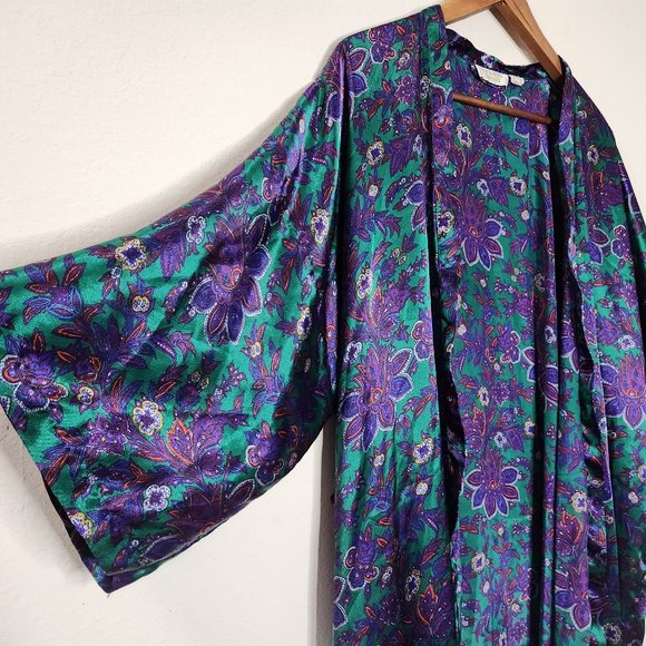 VTG Victoria's Secret OS Satin Purple Blue Floral Kimono Robe 3/4 Sleeve - Picture 2 of 5